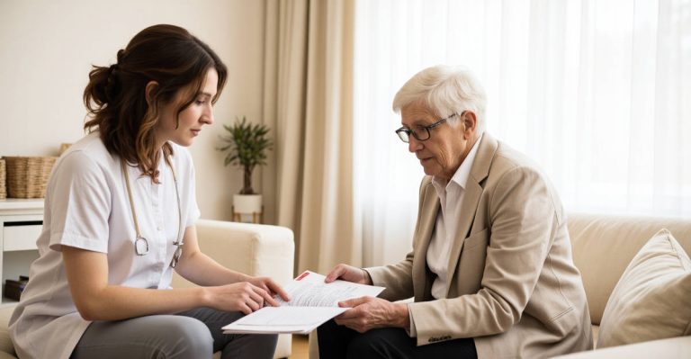 Personne âgée recevant aide à domicile avec documents APA