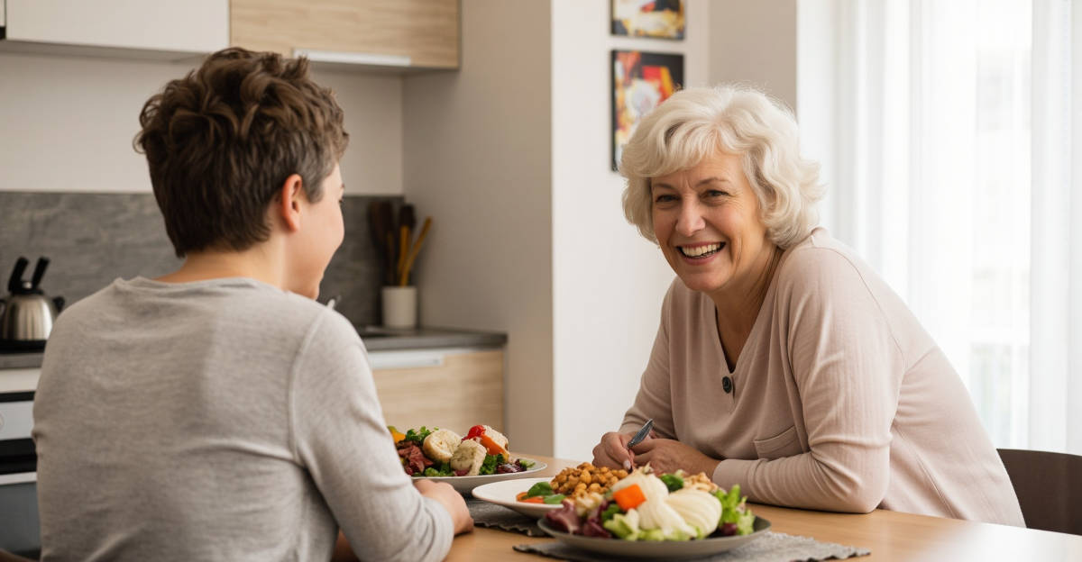 Senior souriant devant un repas équilibré dans une cuisine lumineuse