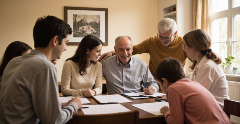 Famille multigénérationnelle discutant sereinement de succession avec documents notariés