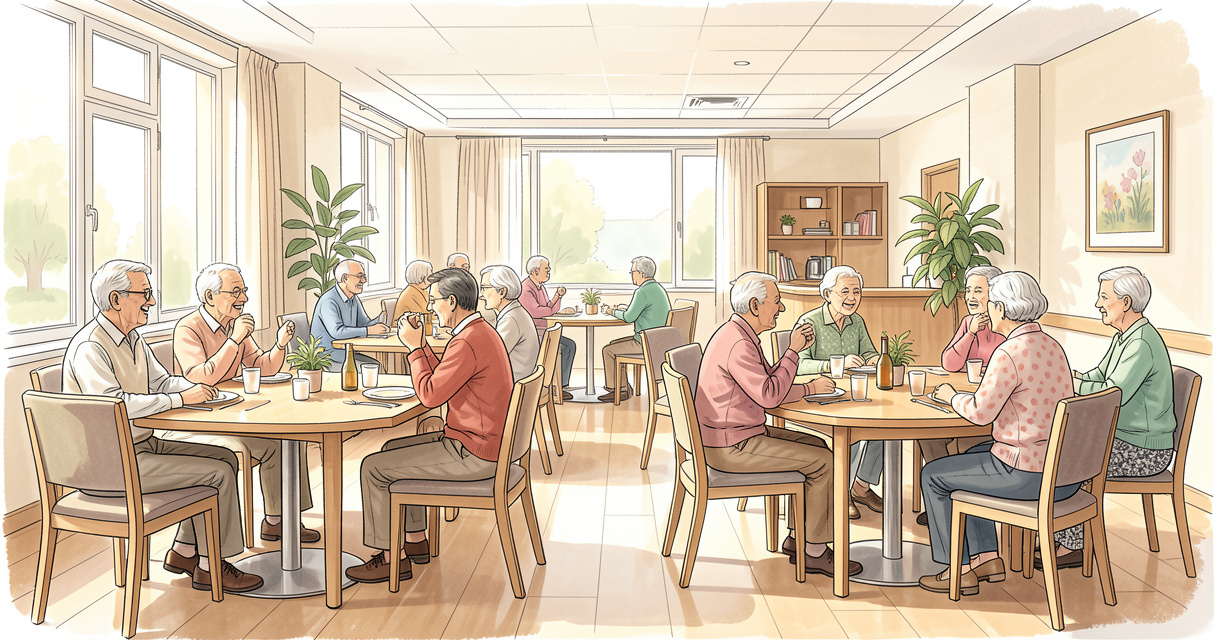 Salle à manger lumineuse de l'EHPAD Saint-Joseph avec résidents partageant un repas dans une ambiance conviviale
