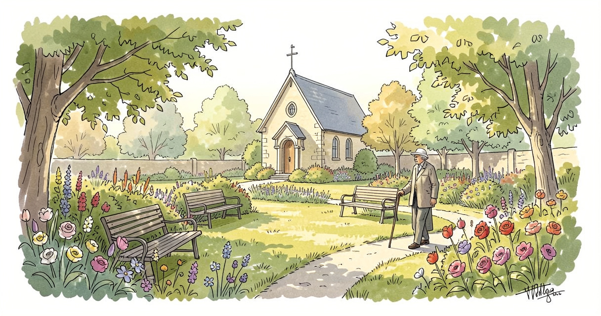 Jardin arboré de l'EHPAD Saint-Joseph avec chapelle en fond et résident se promenant