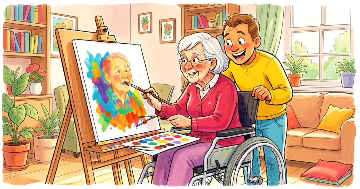 Atelier peinture en EHPAD : une résidente en fauteuil crée une toile avec l'aide d'un animateur