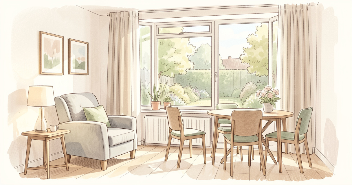 Intérieur lumineux d'un appartement en résidence senior avec vue sur le jardin