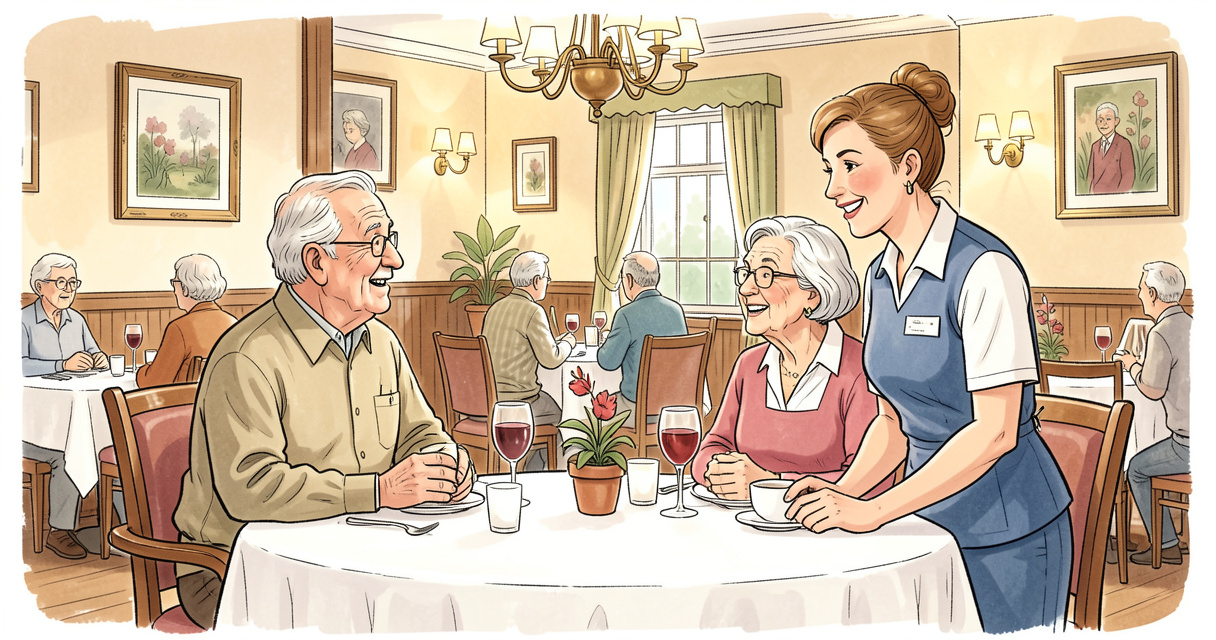 Couple de seniors discutant avec une employée dans le restaurant d'une résidence services seniors