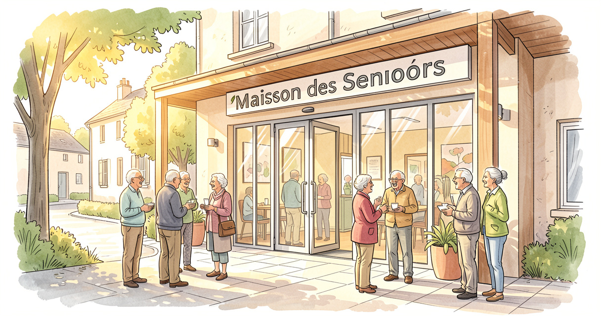 Entrée d'une maison des seniors avec des personnes âgées discutant à l'extérieur, ambiance conviviale