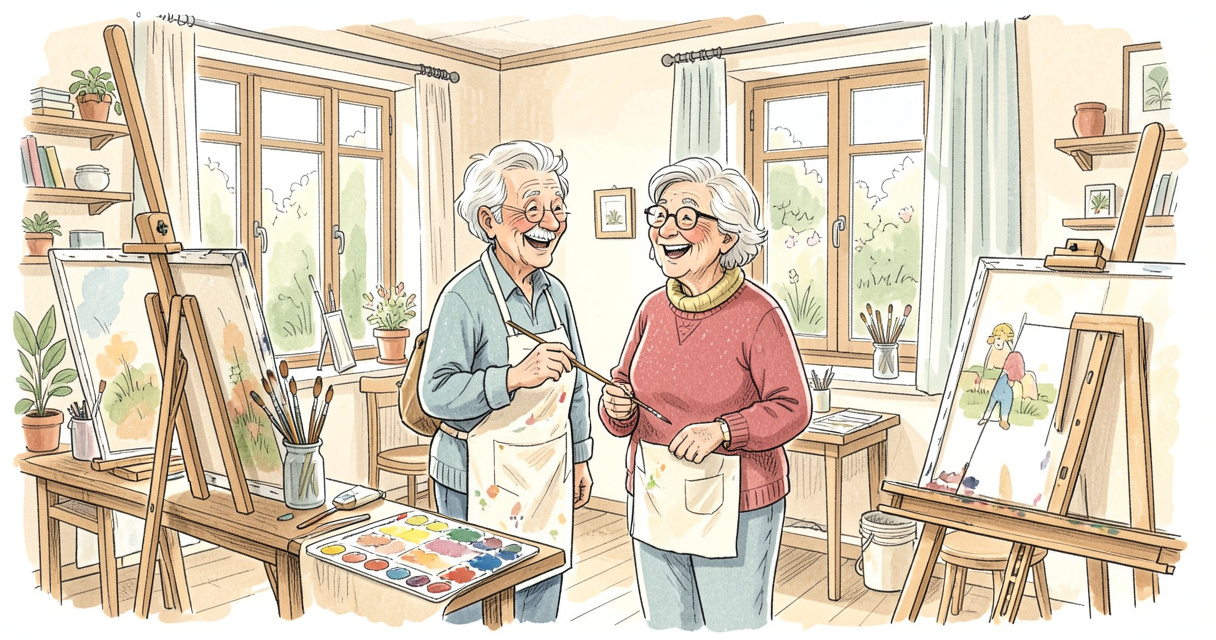 Atelier peinture dans une maison des seniors, couple de seniors peignant ensemble dans une salle lumineuse