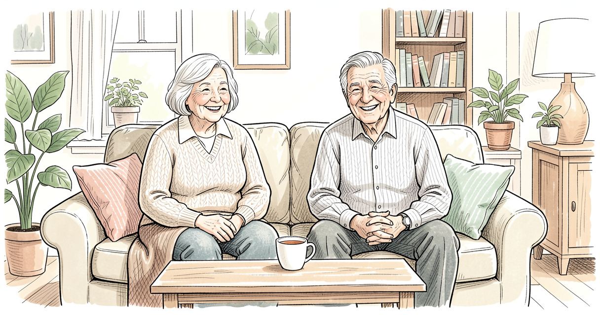 Deux seniors discutant dans le salon commun d'une colocation pour personnes âgées, ambiance chaleureuse