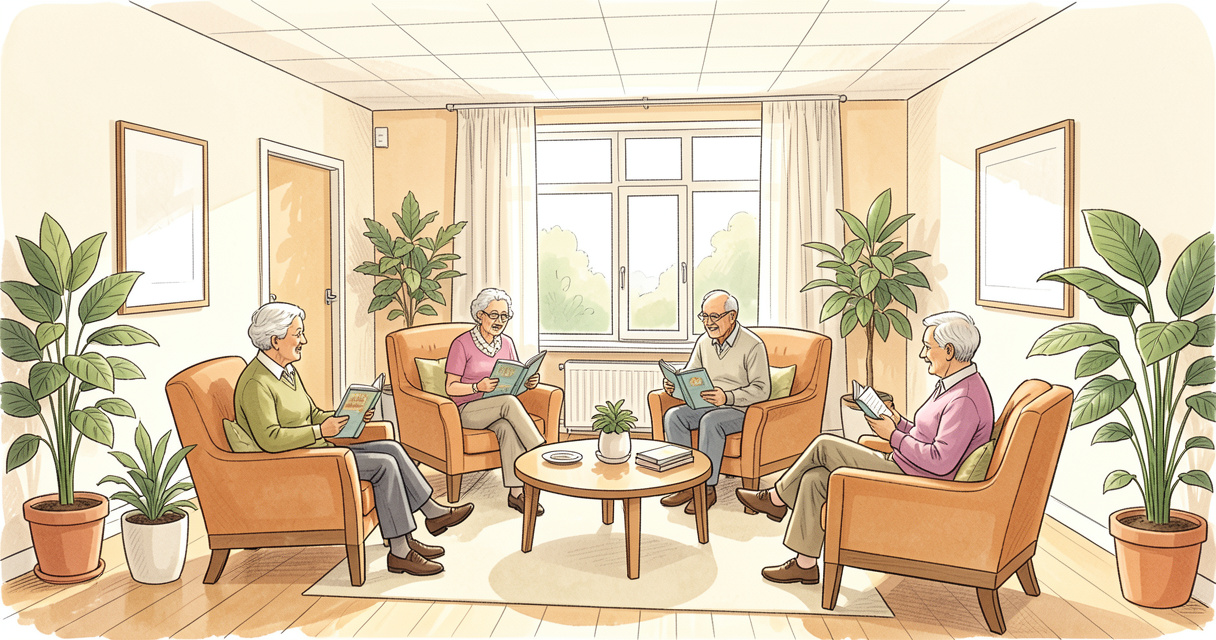 Salon commun lumineux de l’EHPAD Saint Antoine de Padoue à Lille avec fauteuils et résidents