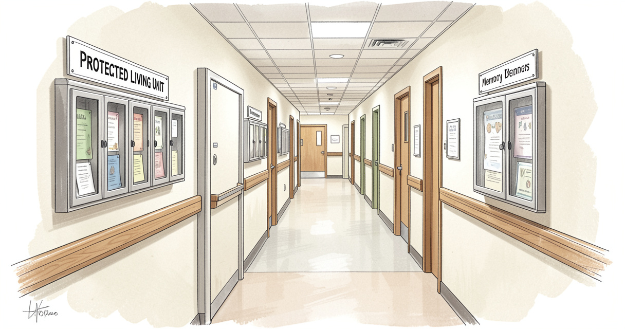 Couloir d'unité protégée Colisée avec repères visuels pour personnes âgées