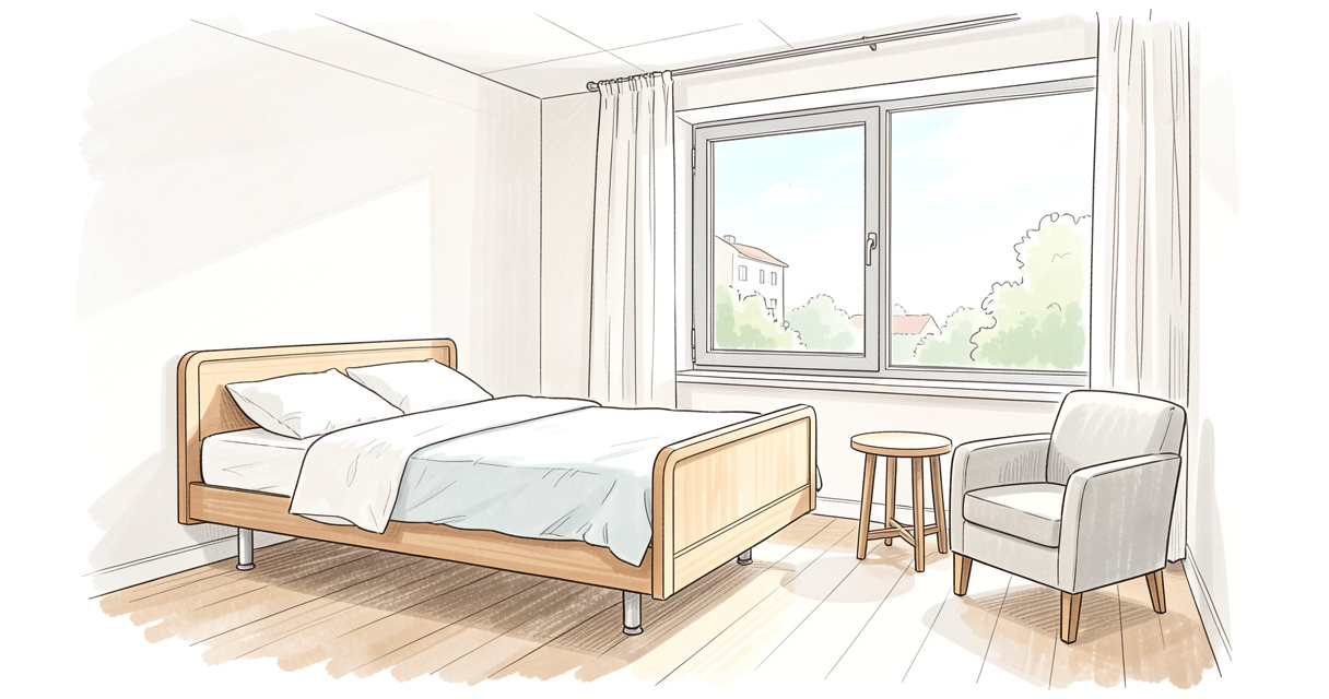 Chambre simple lumineuse dans l'EHPAD Les Hortensias à Dijon avec fauteuil et table