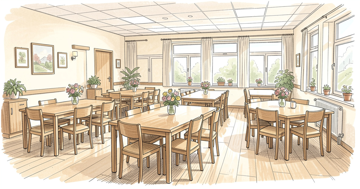 Salle à manger commune de la résidence mutualiste Les Hortensias décorée de plantes