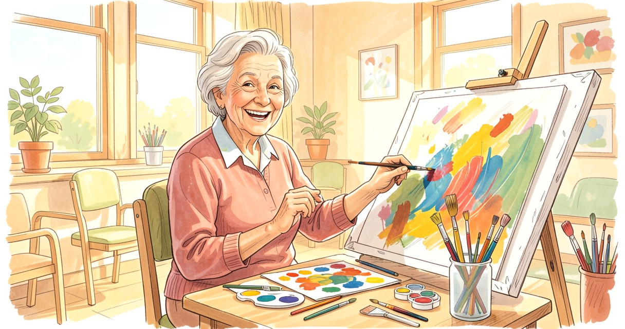 Résidente âgée souriant en atelier peinture animé par un animateur en EHPAD