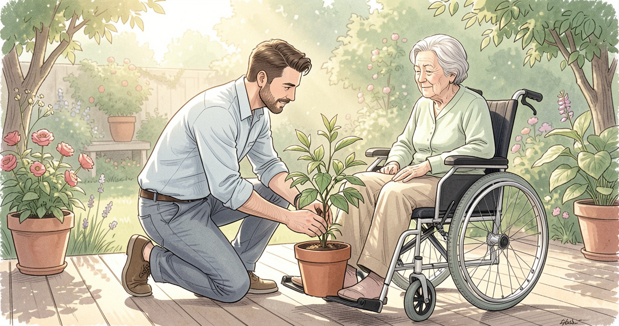 Animateur en EHPAD accompagnant une résidente en fauteuil roulant lors d'une activité jardinage
