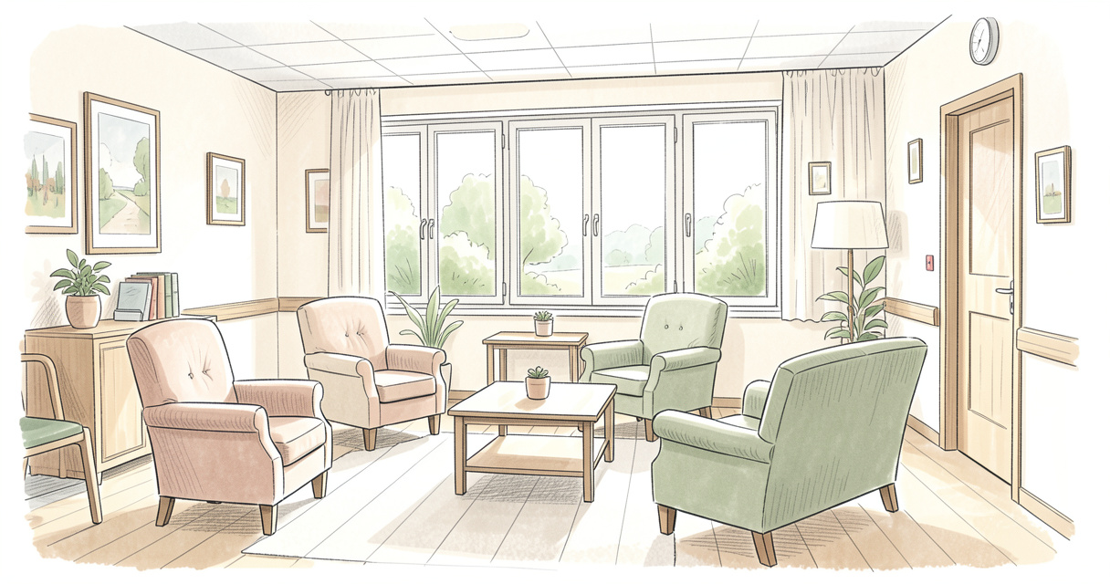Salon commun de l'EHPAD Alquier-Debrousse avec fauteuils et lumière naturelle