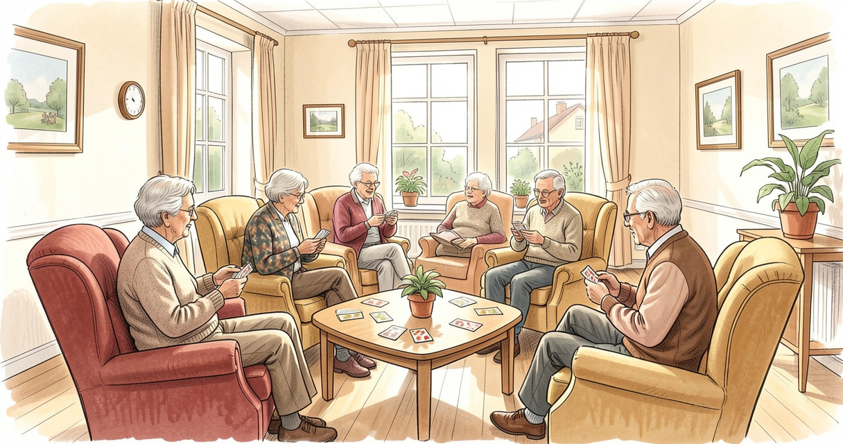 Vue d'un salon convivial en EHPAD avec des résidents âgés jouant aux cartes et discutant