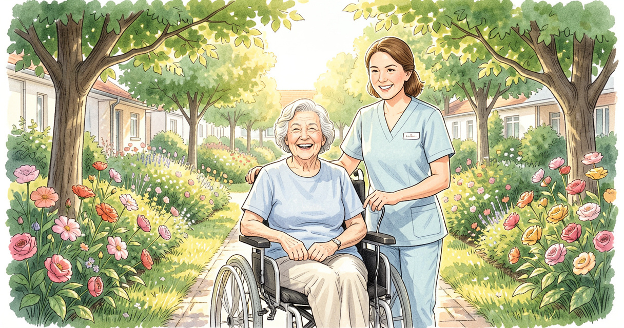 Personne âgée en fauteuil roulant dans le jardin d'un EHPAD avec une aide-soignante souriante