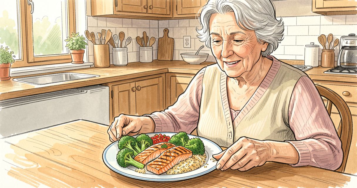 Senior femme dégustant un repas équilibré avec saumon, brocolis et quinoa pour maigrir à 70 ans