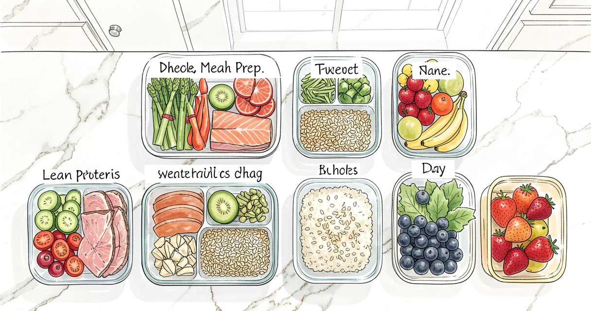 Préparation hebdomadaire de menus minceur pour senior avec légumes, protéines et céréales complètes
