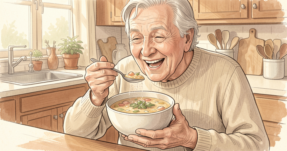 Senior femme âgée mangeant une soupe enrichie en poudre de protéine, repas protéiné pour personne âgée