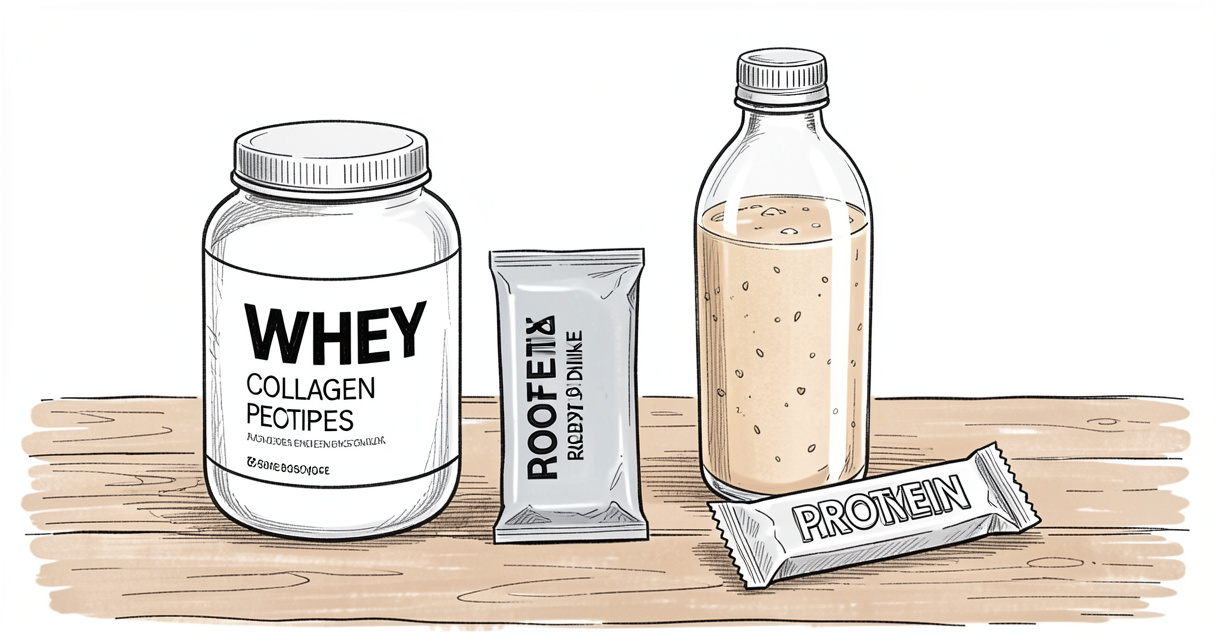 Compléments protéinés pour seniors : poudre de whey, collagène, boisson et barre protéinée