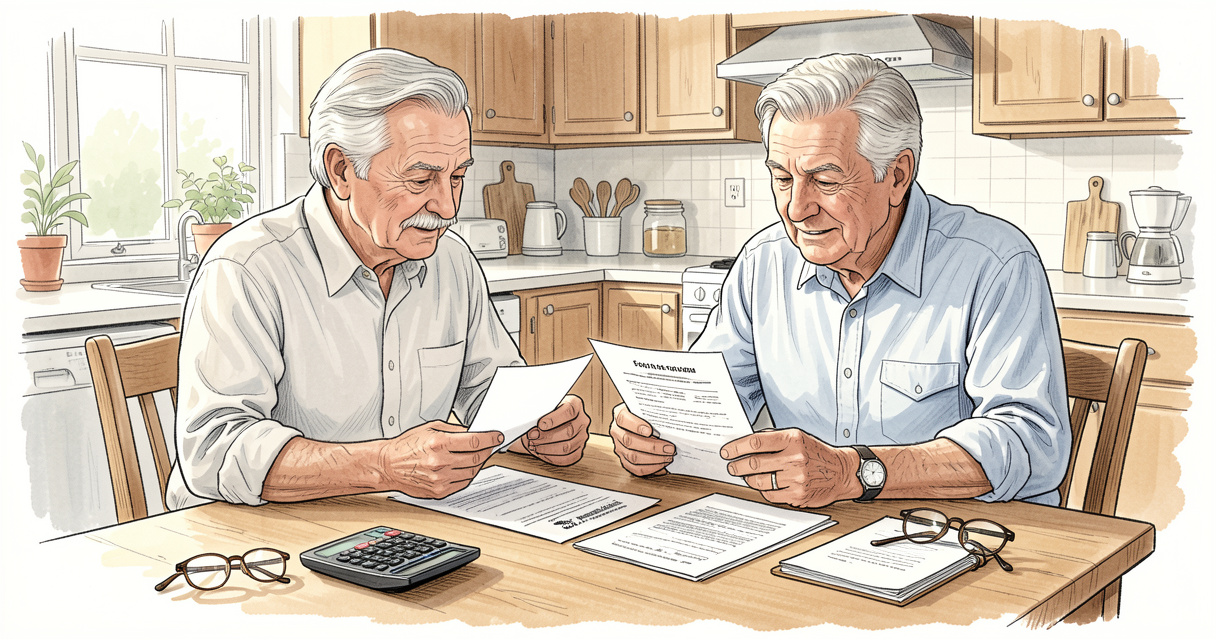 Couple de retraités consultant leur avis d'imposition et leur relevé de pension à table