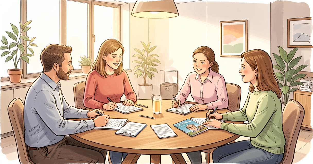 Famille réunie avec un conseiller pour discuter de l'obligation alimentaire EHPAD et des calculs de participation