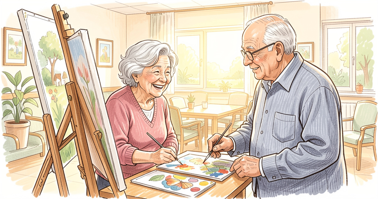 Résidente en EHPAD peignant un tableau lors d'un atelier d'art-thérapie, animatrice souriante à côté