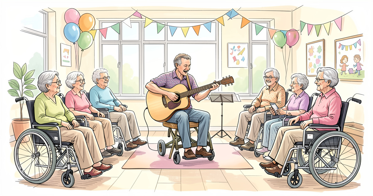 Animateur en gérontologie jouant de la guitare pour un groupe de seniors en fauteuil roulant, salle de vie lumineuse