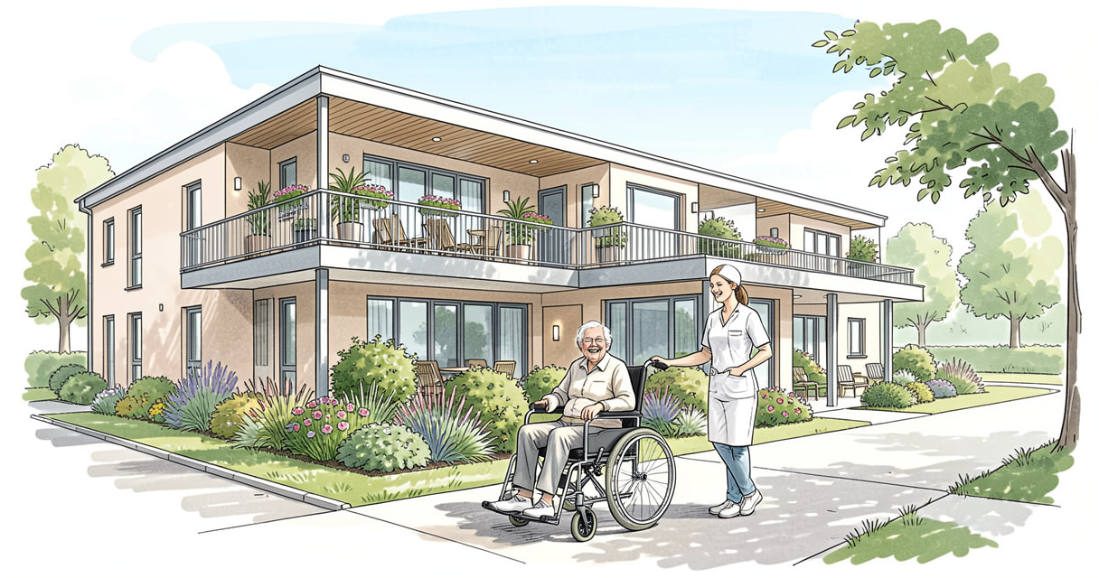 Façade moderne de maison de retraite Korian avec jardin et soignant accompagnant un résident en fauteuil roulant