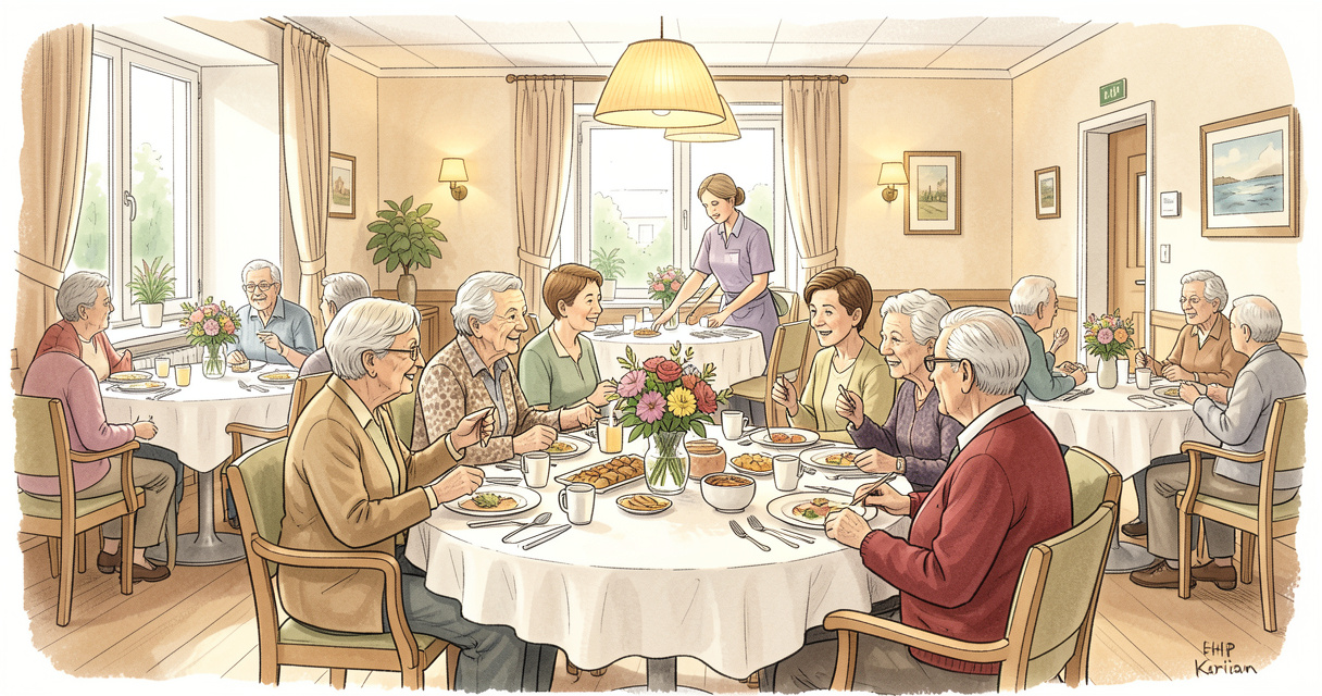 Salle à manger lumineuse d'un EHPAD Korian avec résidents et soignants partageant un repas convivial