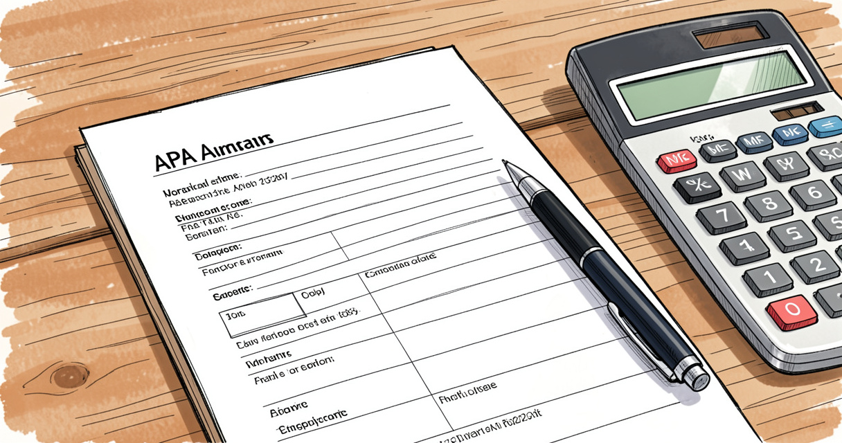 Formulaire de demande d'APA posé sur un bureau avec un stylo et une calculatrice