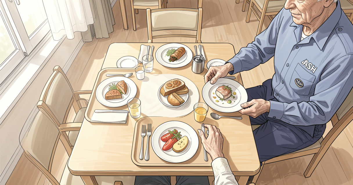 Agent de service hospitalier servant un repas à une personne âgée dans une salle à manger d'EHPAD
