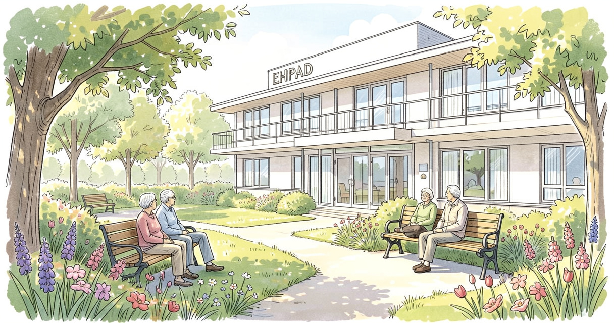 Jardin paysager de l'EHPAD La Source avec résidents profitant du calme