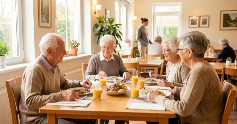 Personnes âgées partageant un repas dans le restaurant d'une résidence senior.