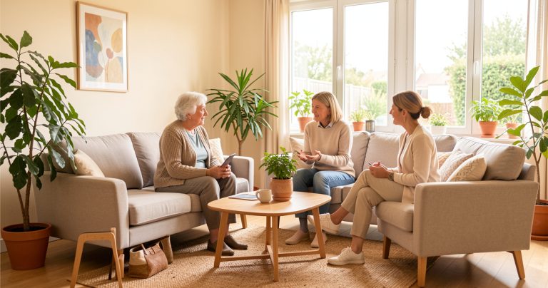 Une personne âgée et sa proche visitent une résidence senior avec une conseillère.