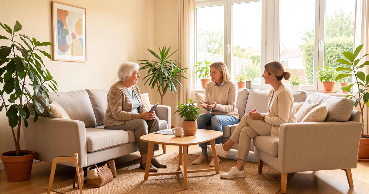 Une personne âgée et sa proche visitent une résidence senior avec une conseillère.