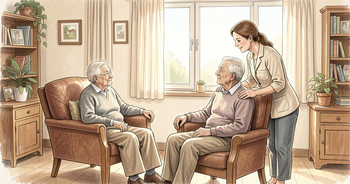 Salon chaleureux de l'unité Alzheimer de la résidence Kerélys EHPAD avec un soignant
