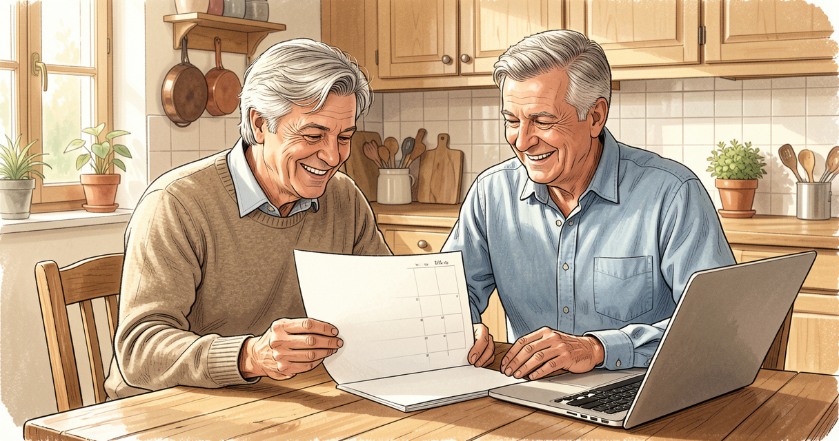 Couple senior calcule son âge de départ à la retraite sur un calendrier