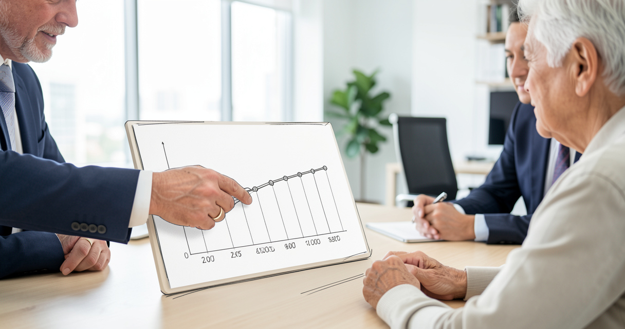 Conseiller retraite montre un tableau des âges de départ à un futur retraité
