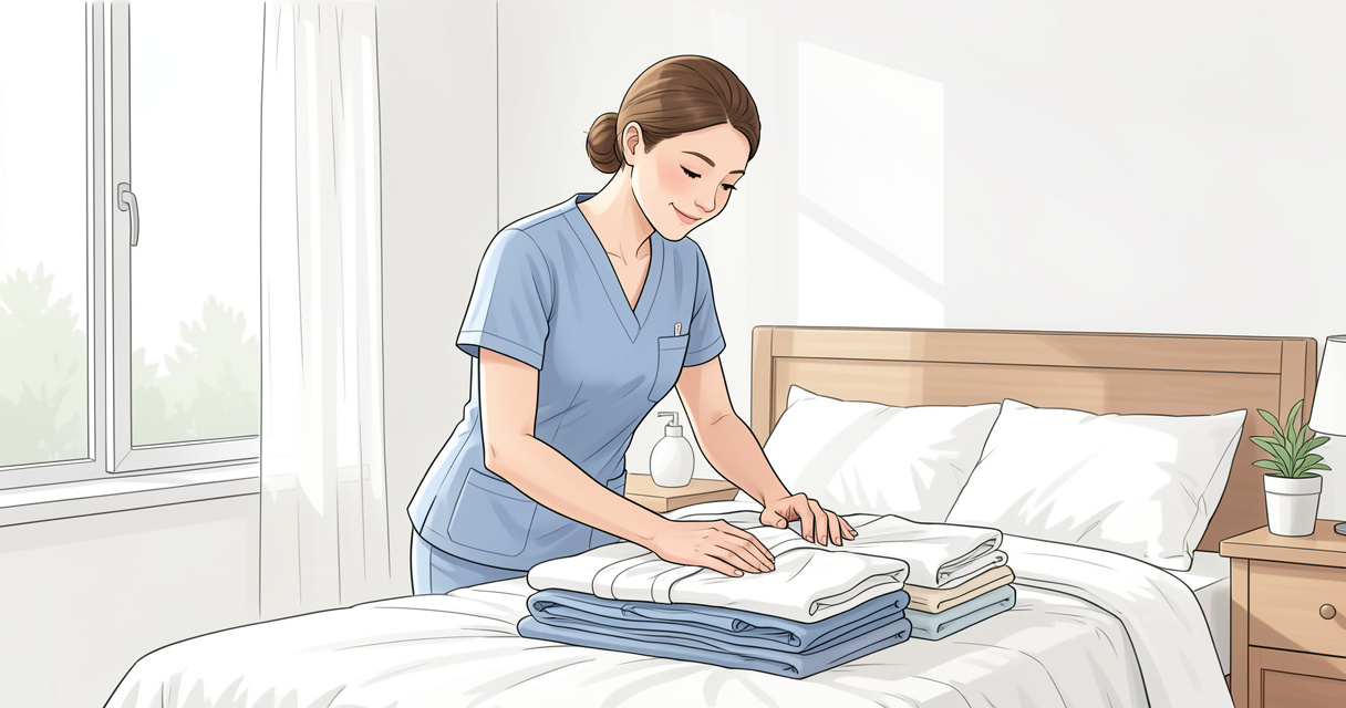 Aide ménagère senior préparant un lit avec du linge propre à domicile