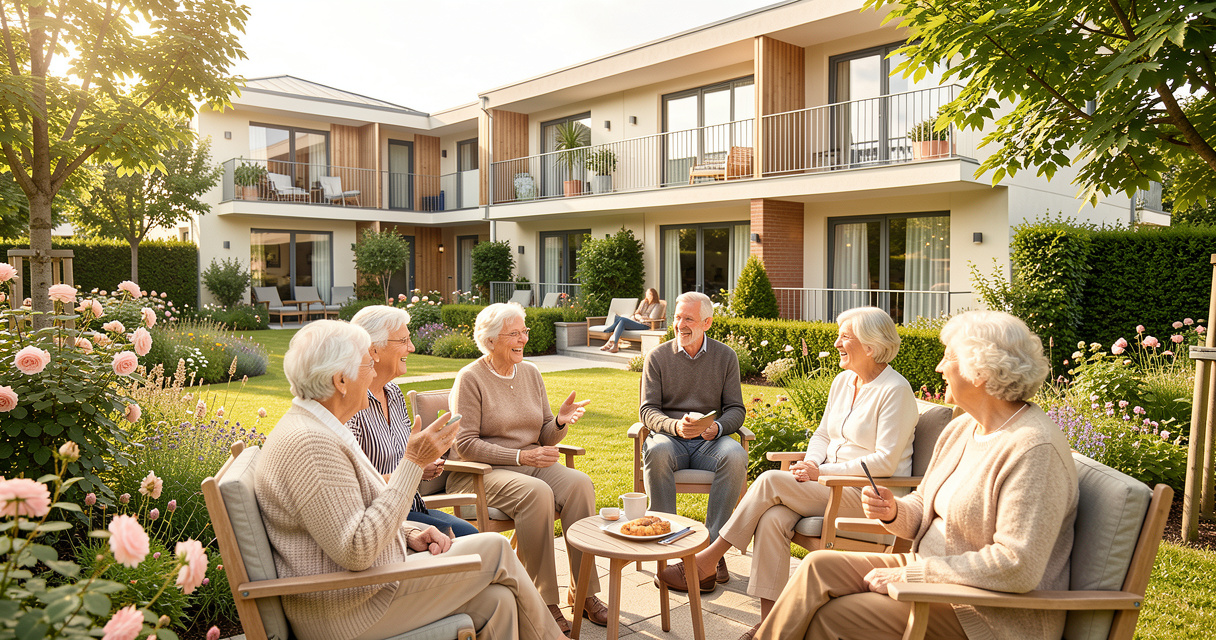 Résidence senior moderne avec jardin paysager et résidents autonomes