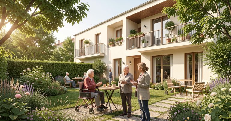 Seniors échangeant dans un espace partagé d’habitat inclusif accessible.