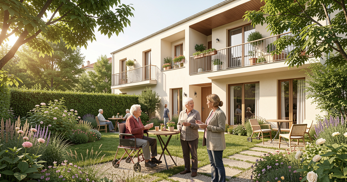 Seniors échangeant dans un espace partagé d’habitat inclusif accessible.