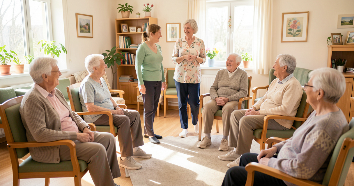 Groupe de résidents participant à une activité physique douce dans une résidence senior.