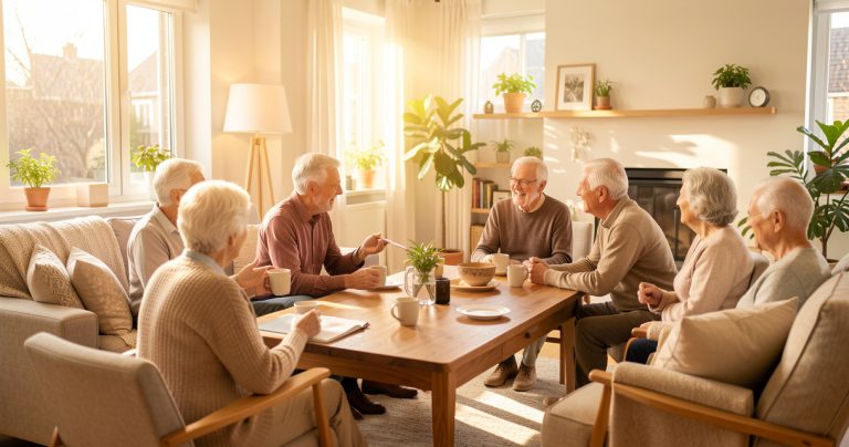 Seniors partageant un moment convivial dans le salon lumineux d un habitat inclusif