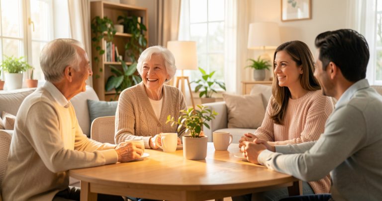 Une senior échange avec ses proches dans un salon lumineux.