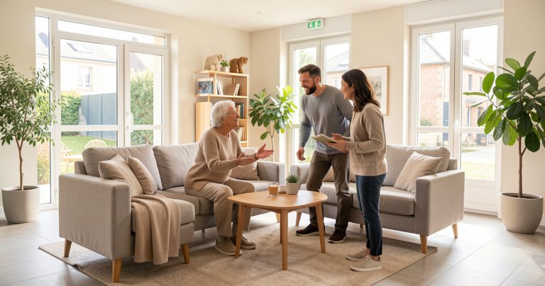 Personnes âgées échangeant dans un espace commun d'habitat inclusif accessible.
