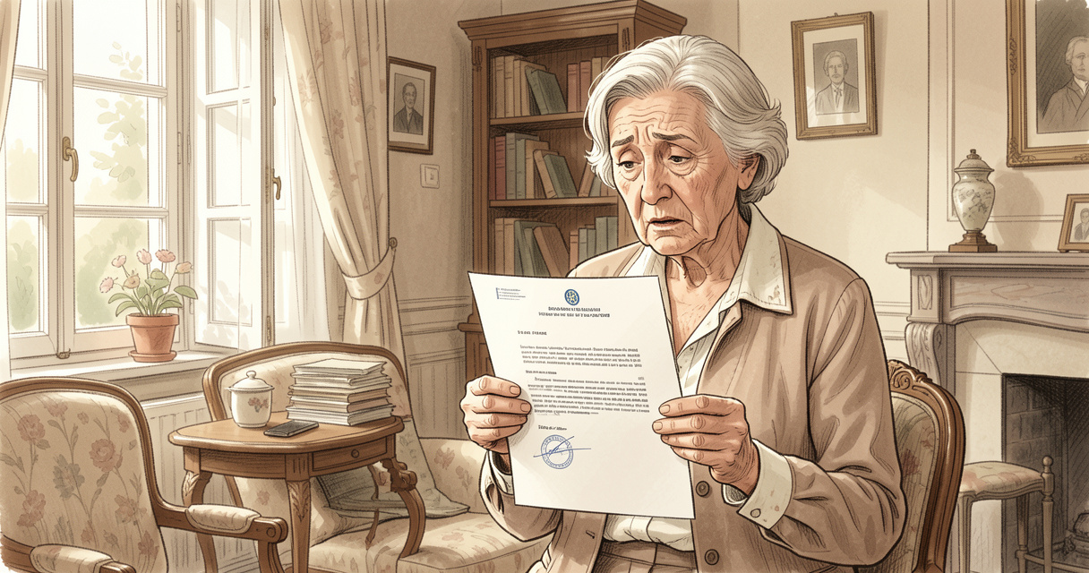 Retraitée lisant un courrier de sa caisse après une baisse de pension à la maison