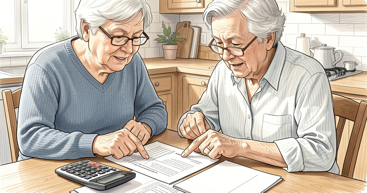 Couple vérifiant ses documents de pension pour comprendre la baisse de leur retraite