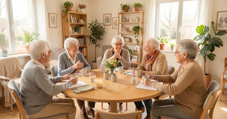 Seniors échangeant dans un espace commun d’habitat inclusif